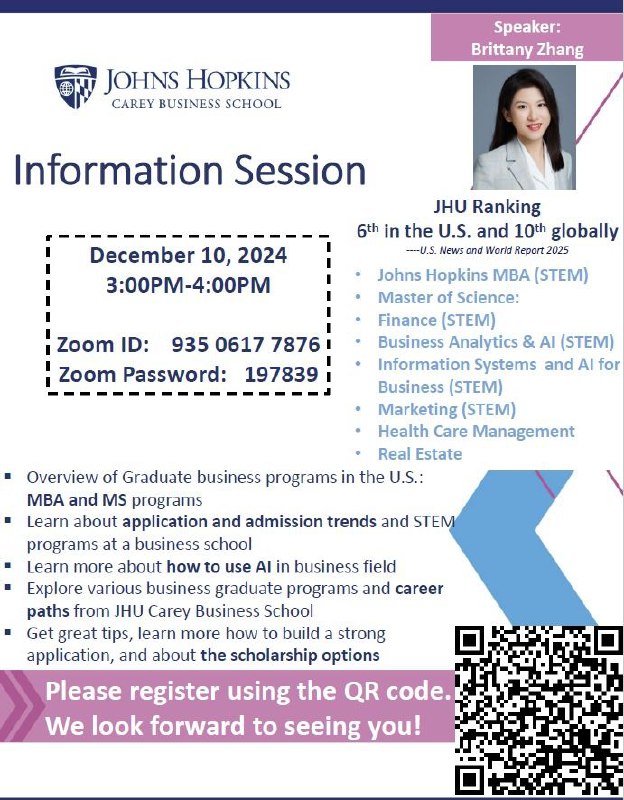INVITATION TO INFORMATION SESSION WITH JOHN HOPKINS CAREY BUSINESS SCHOOL