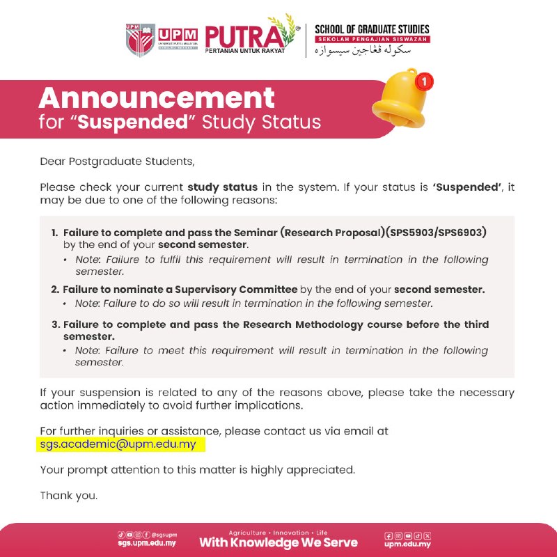ANNOUNCEMENT FOR 'SUSPENDED' STUDY STATUS