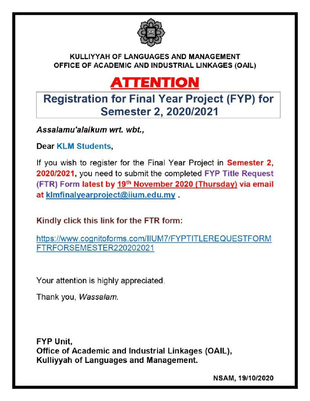 [Registration for the Final Year Project (FYP) for Semester 2, 2020/2021]