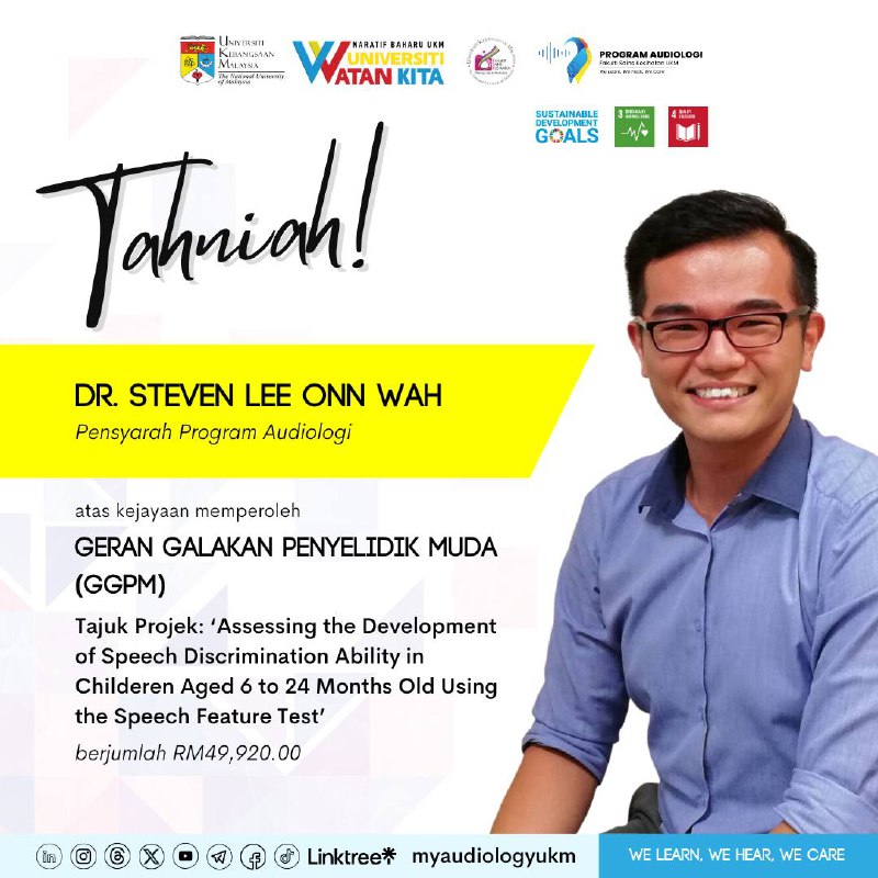 Congratulations to Dr Steven Lee Onn Wah, Lecturer of the Audiology Program, Fac