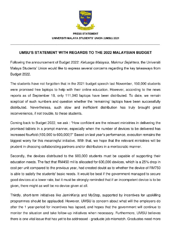 [UMSU’S STATEMENT WITH REGARDS TO THE 2022 MALAYSIAN BUDGET]