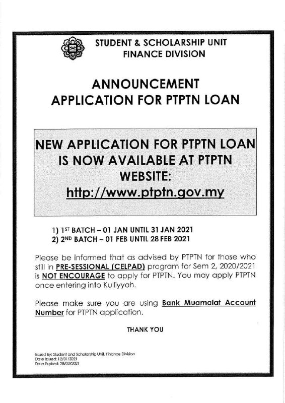 [ANNOUNCEMENT OF NEW APPLICATION FOR PTPTN LOAN]