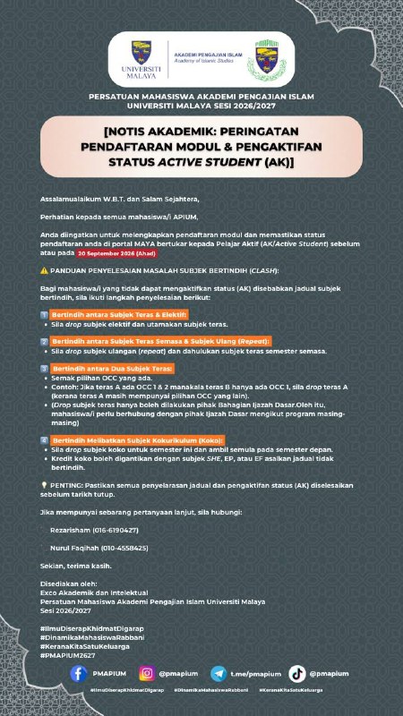 Module Registration and Active Student (AK) Status Reminder