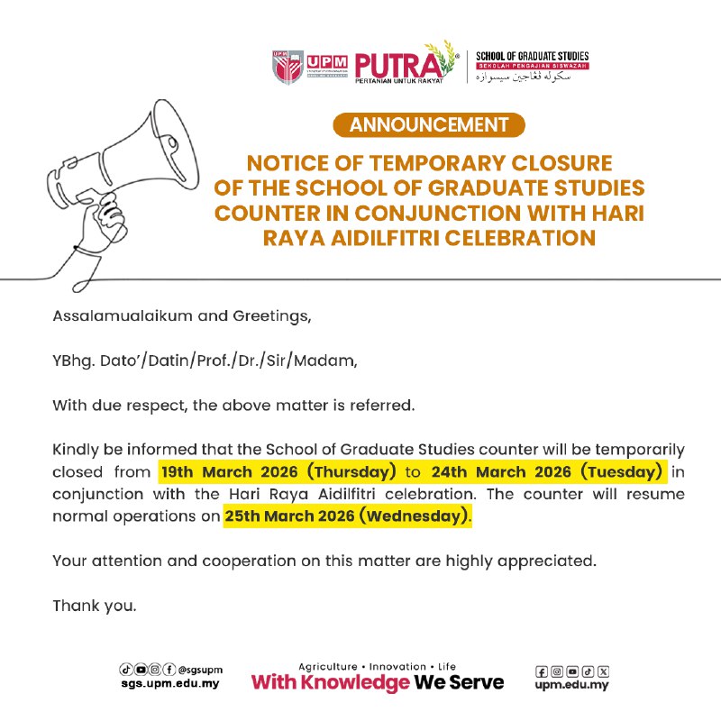 LATEST: NOTICE OF TEMPORARY CLOSURE OF THE SCHOOL OF GRADUATE STUDIES COUNTER IN