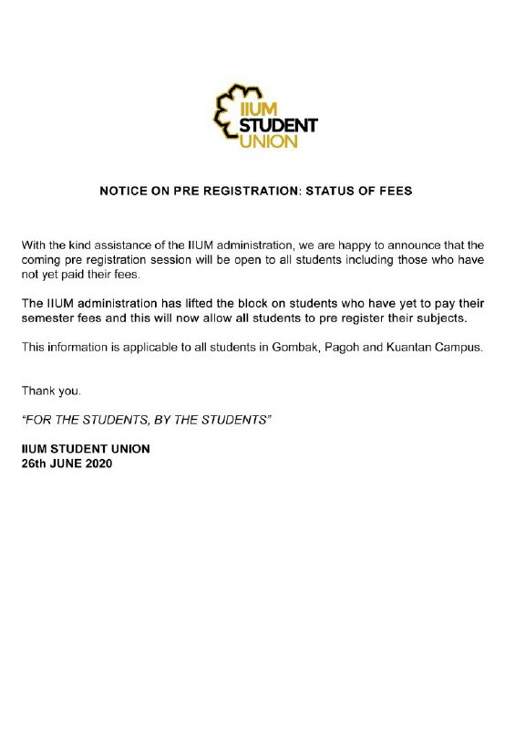 NOTICE ON PRE REGISTRATION: STATUS OF FEES
