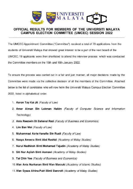 [OFFICAL RESULT ANNOUNCEMENT FROM THE SELECTION PROCESS FOR UMCEC MEMBERS SESSIO