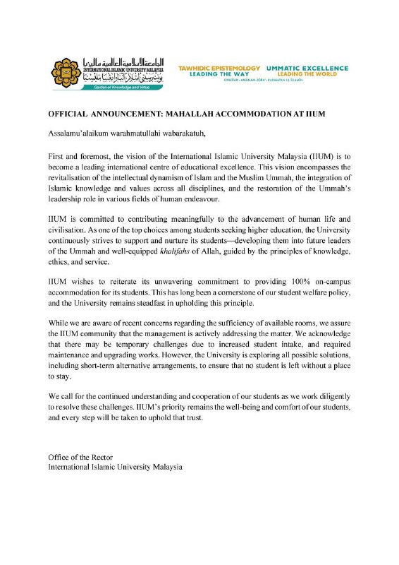 OFFICIAL ANNOUNCEMENT: MAHALLAH ACCOMMODATION AT IIUM