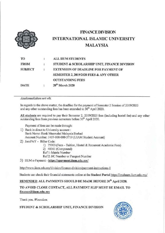 [DEADLINE FOR PAYMENT OF SEMESTER 2, 2019/2020 FEES & ANY OTHER OUTSTANDING FEES