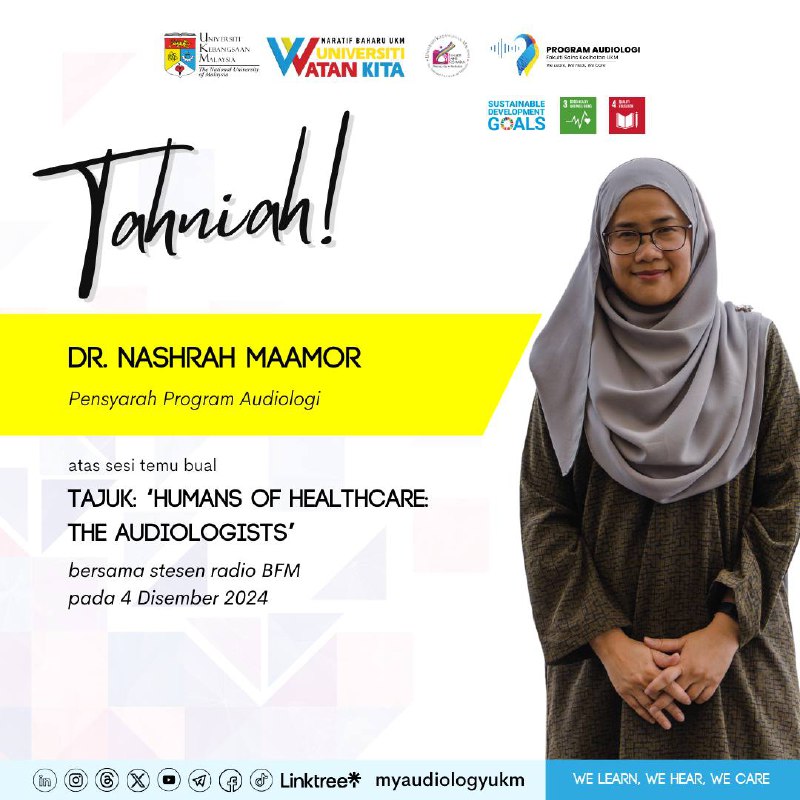 Congratulations to Dr Nashrah Maamor, Lecturer of the Audiology Program, Faculty