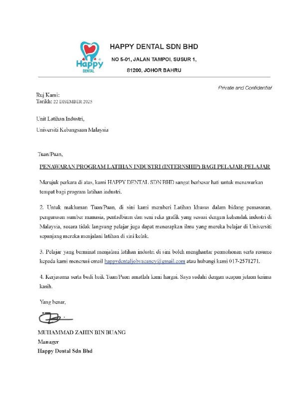 Industrial Training Placement Announcement