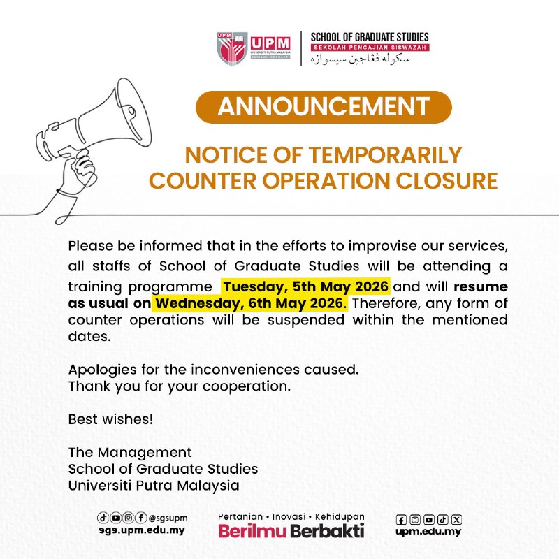 NOTICE OF TEMPORARILY COUNTER OPERATION CLOSURE