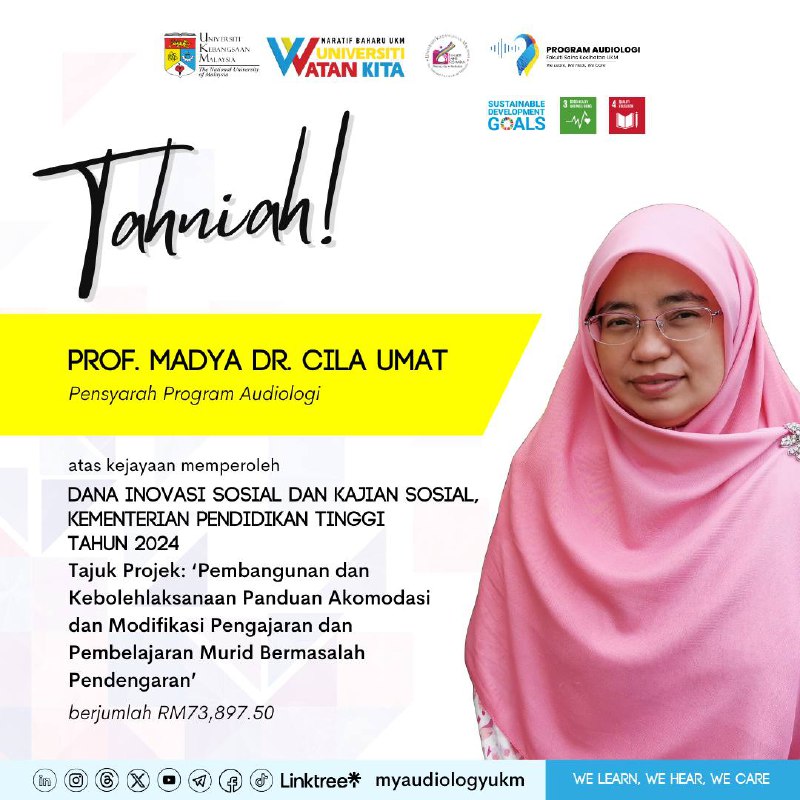 Congratulations to Assoc. Prof. Dr Cila Umat, Lecturer of the Audiology Program,