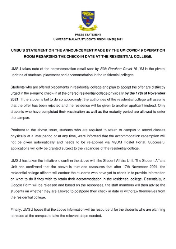 [UMSU’S STATEMENT ON THE ANNOUNCEMENT MADE BY THE UM COVID-19 OPERATION ROOM REG