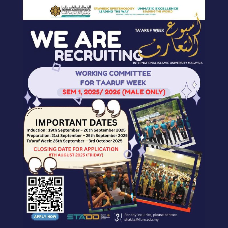 ANNOUNCEMENT ON APPLICATION FOR WORKING COMMITTEE OF TA’ARUF WEEK SEMESTER I, 20